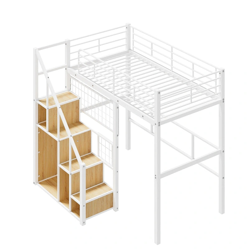 Cama alta moderna individual con escalera de almacenamiento y pequeño armario, estructura de cama alta de metal resistente con barandillas para niños y niñas