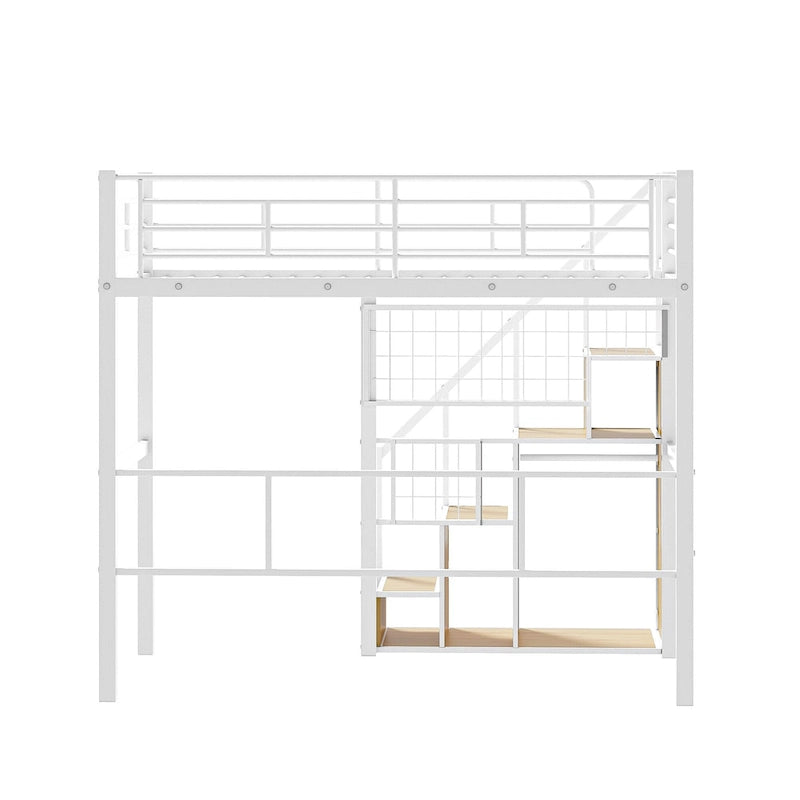 Cama alta moderna individual con escalera de almacenamiento y pequeño armario, estructura de cama alta de metal resistente con barandillas para niños y niñas