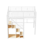 Cama alta moderna individual con escalera de almacenamiento y pequeño armario, estructura de cama alta de metal resistente con barandillas para niños y niñas
