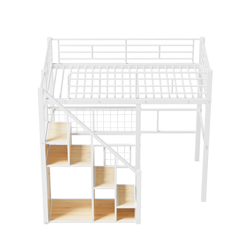 Cama alta moderna individual con escalera de almacenamiento y pequeño armario, estructura de cama alta de metal resistente con barandillas para niños y niñas