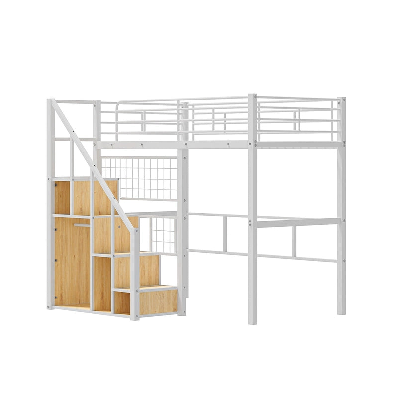 Cama alta moderna individual con escalera de almacenamiento y pequeño armario, estructura de cama alta de metal resistente con barandillas para niños y niñas