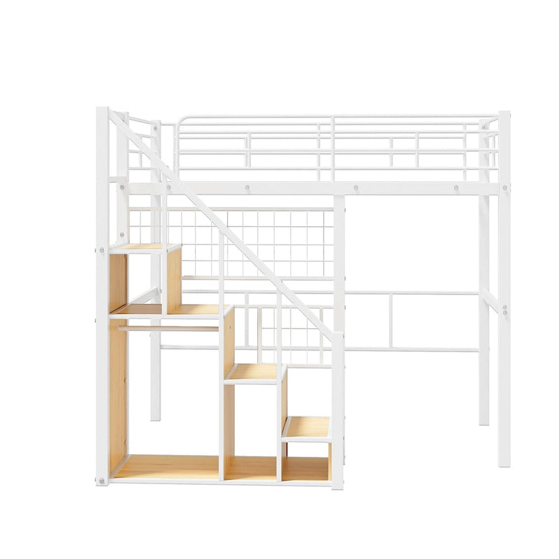 Cama alta moderna individual con escalera de almacenamiento y pequeño armario, estructura de cama alta de metal resistente con barandillas para niños y niñas