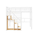 Cama alta moderna individual con escalera de almacenamiento y pequeño armario, estructura de cama alta de metal resistente con barandillas para niños y niñas