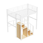 Cama alta moderna individual con escalera de almacenamiento y pequeño armario, estructura de cama alta de metal resistente con barandillas para niños y niñas