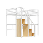 Cama alta moderna individual con escalera de almacenamiento y pequeño armario, estructura de cama alta de metal resistente con barandillas para niños y niñas