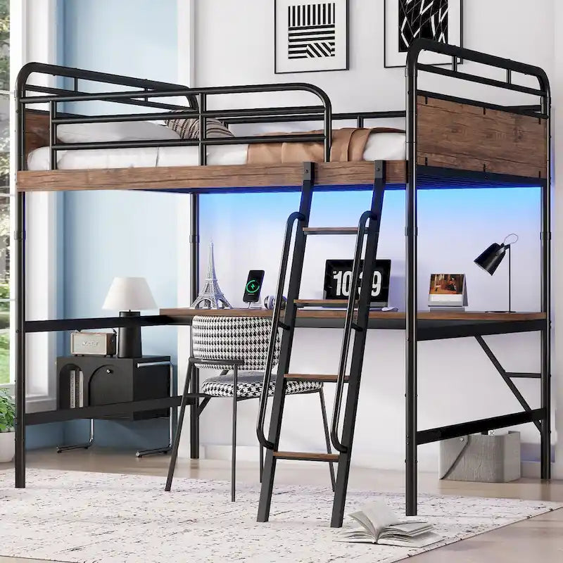 Cama alta metálica con escritorio, luces LED y estación de carga USB, estructura de cama alta con barandillas de seguridad
