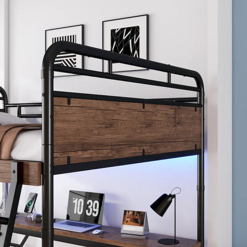 Cama alta metálica con escritorio, luces LED y estación de carga USB, estructura de cama alta con barandillas de seguridad