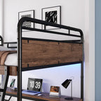 Cama alta metálica con escritorio, luces LED y estación de carga USB, estructura de cama alta con barandillas de seguridad