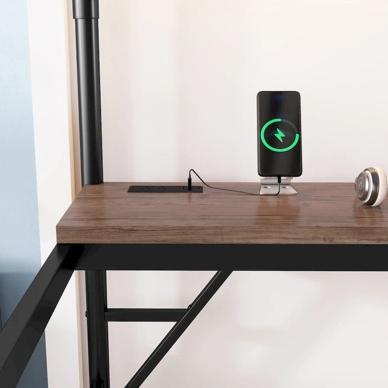 Cama alta metálica con escritorio, luces LED y estación de carga USB, estructura de cama alta con barandillas de seguridad