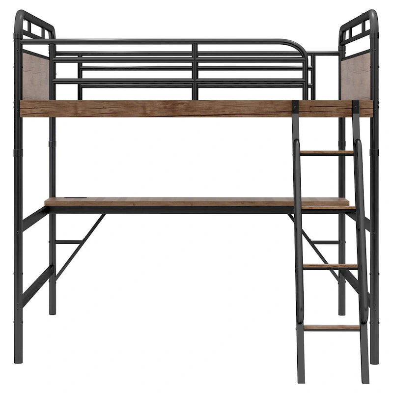 Cama alta metálica con escritorio, luces LED y estación de carga USB, estructura de cama alta con barandillas de seguridad