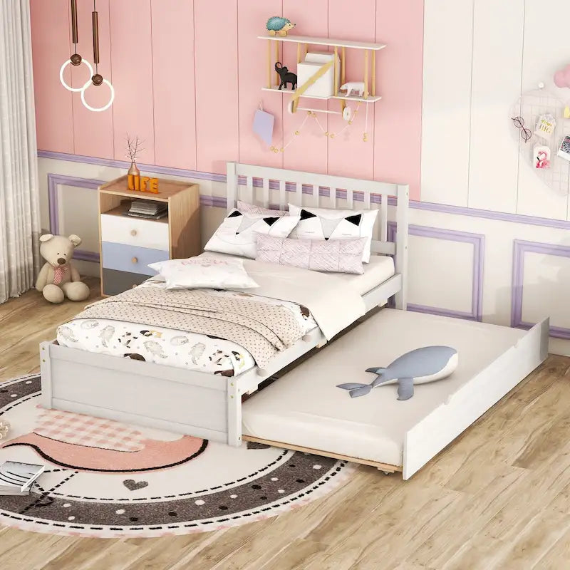 Base de Cama Doble con Plataforma de Madera de Caucho Color Nogal Blanco con Nido, Diseño Moderno, No Requiere Box Spring