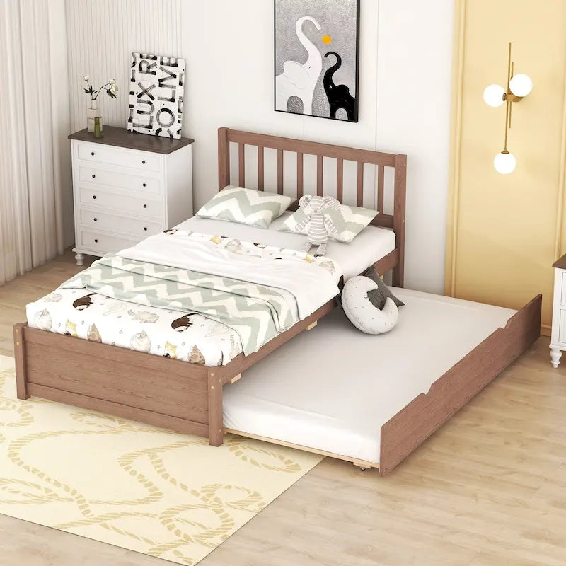 Cama plataforma individual de madera de nogal marrón con nido y cabecero con valla - Diseño moderno que ahorra espacio