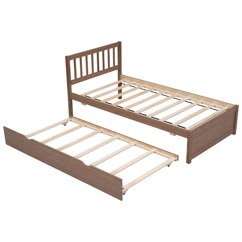 Cama plataforma individual de madera de nogal marrón con nido y cabecero con valla - Diseño moderno que ahorra espacio