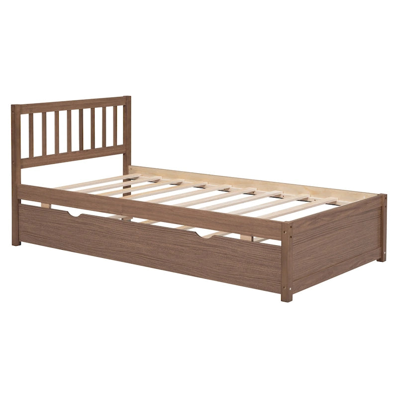 Cama plataforma individual de madera de nogal marrón con nido y cabecero con valla - Diseño moderno que ahorra espacio
