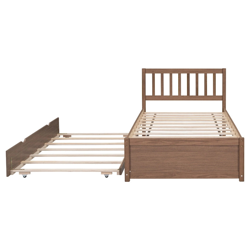Cama plataforma individual de madera de nogal marrón con nido y cabecero con valla - Diseño moderno que ahorra espacio