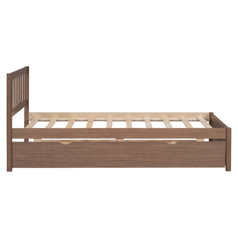 Cama plataforma individual de madera de nogal marrón con nido y cabecero con valla - Diseño moderno que ahorra espacio