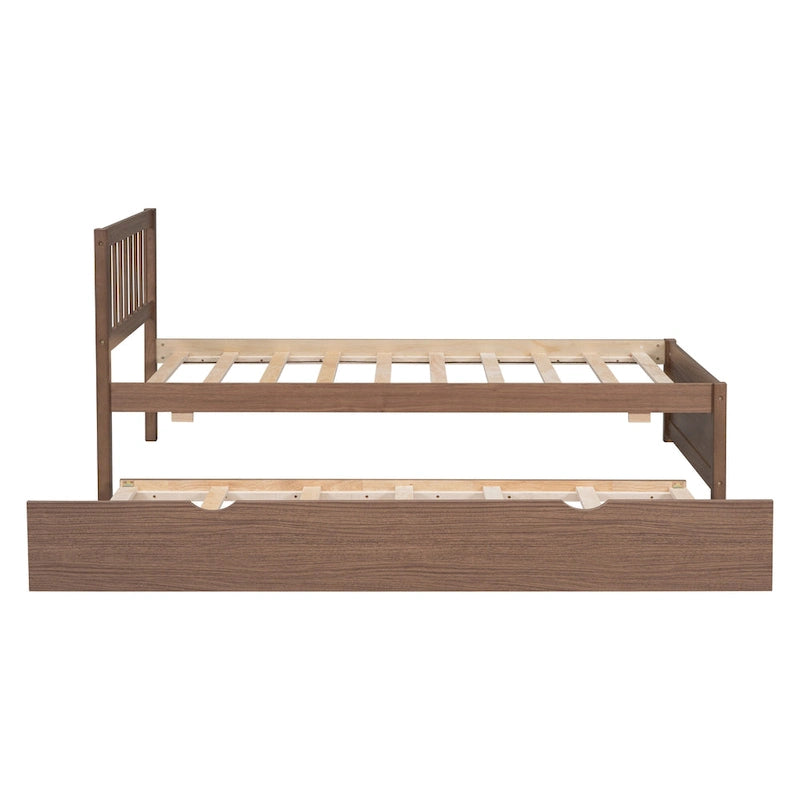 Cama plataforma individual de madera de nogal marrón con nido y cabecero con valla - Diseño moderno que ahorra espacio