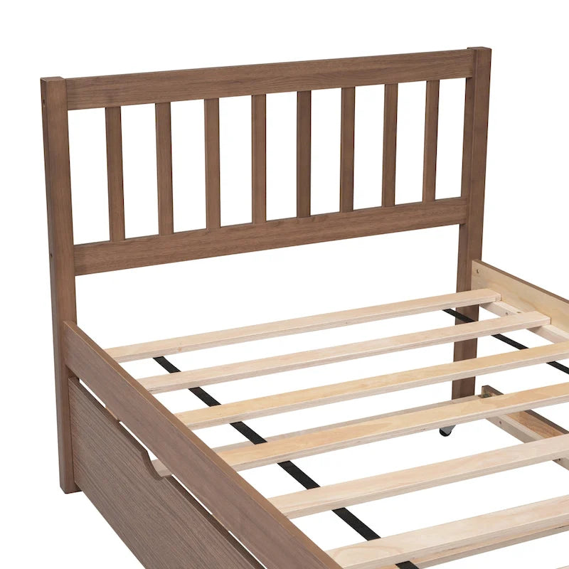 Cama plataforma individual de madera de nogal marrón con nido y cabecero con valla - Diseño moderno que ahorra espacio