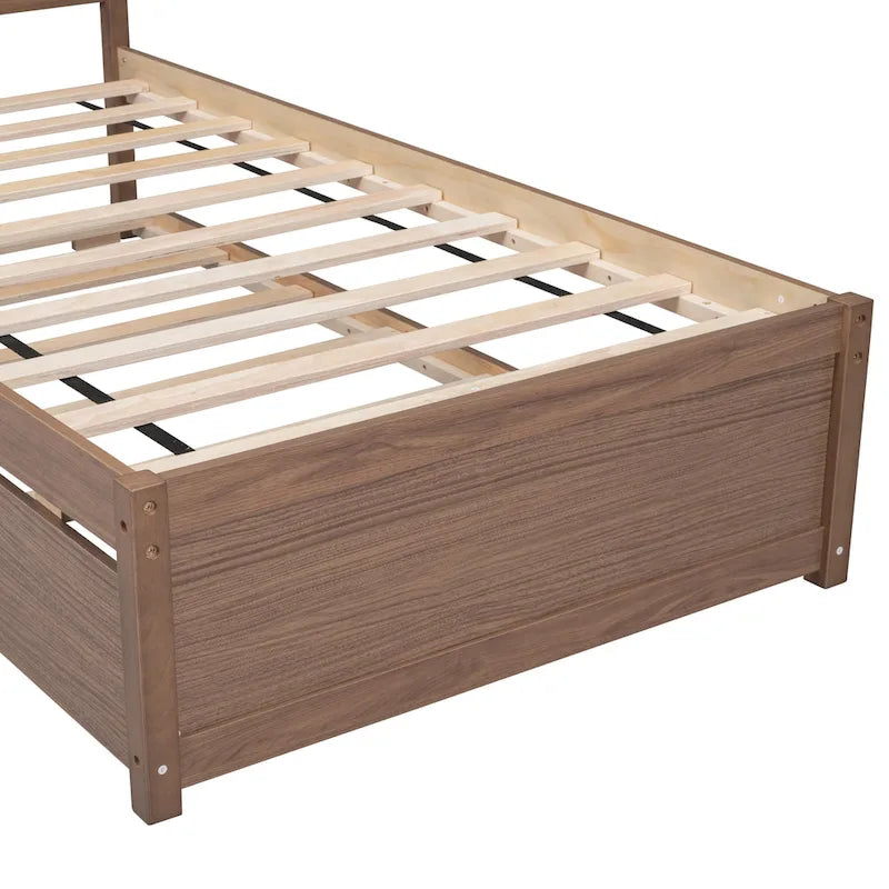 Cama plataforma individual de madera de nogal marrón con nido y cabecero con valla - Diseño moderno que ahorra espacio