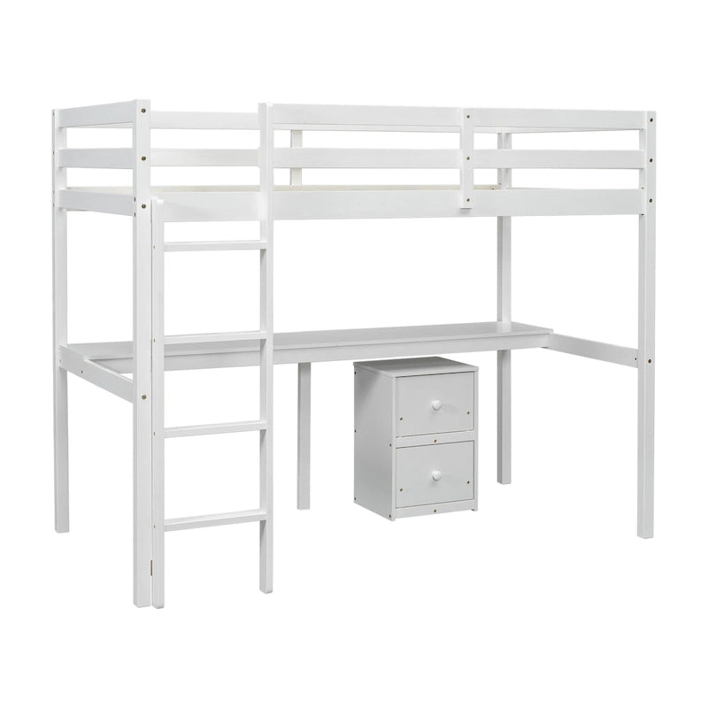 Cama alta de madera blanca tamaño doble con escritorio, almacenamiento y escalera