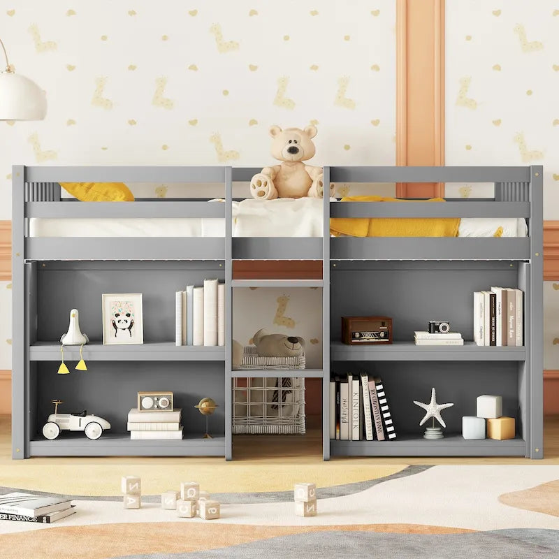 Cama baja doble de madera con estantes y luz LED