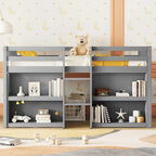 Cama baja doble de madera con estantes y luz LED