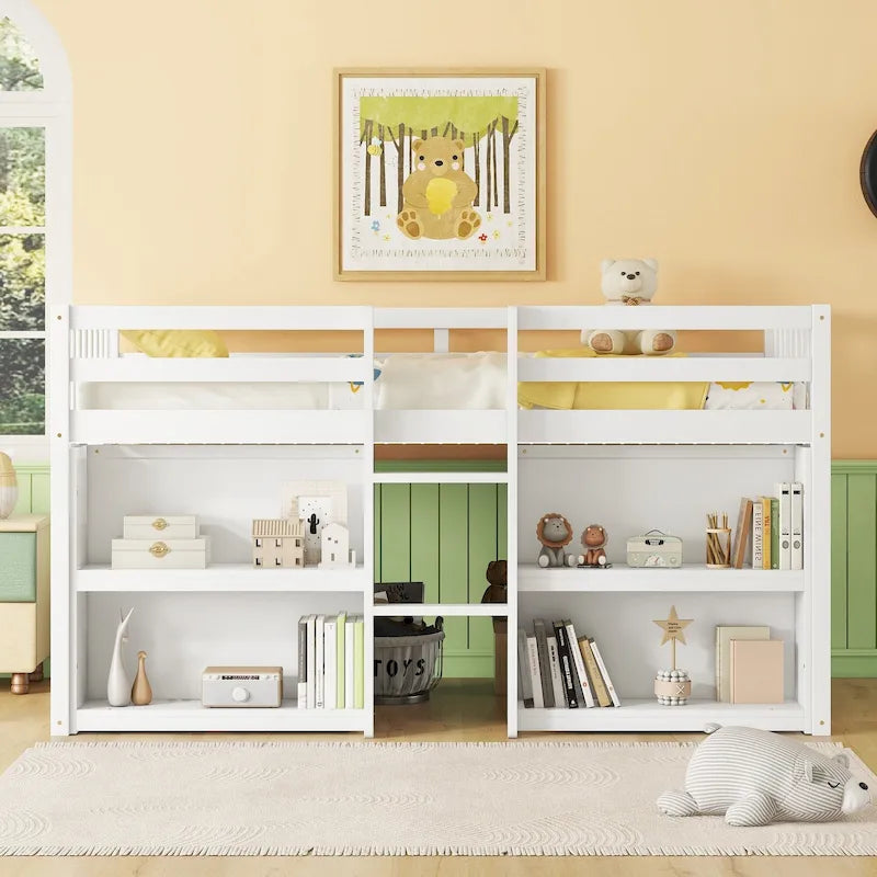 Cama baja doble de madera con estantes y luz LED