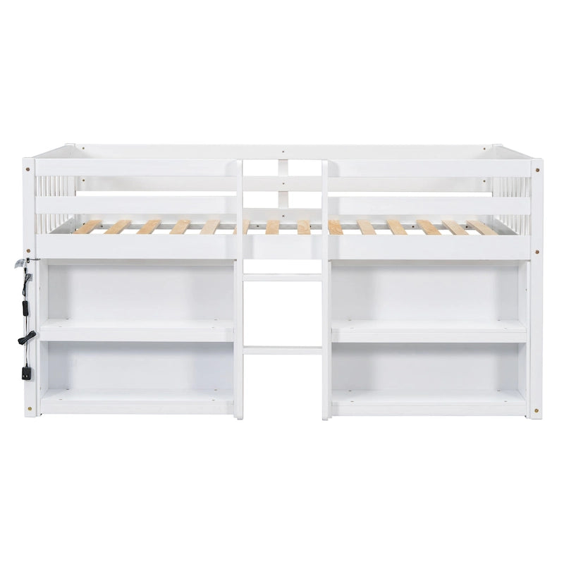 Cama baja doble de madera con estantes y luz LED