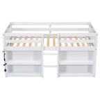 Cama baja doble de madera con estantes y luz LED