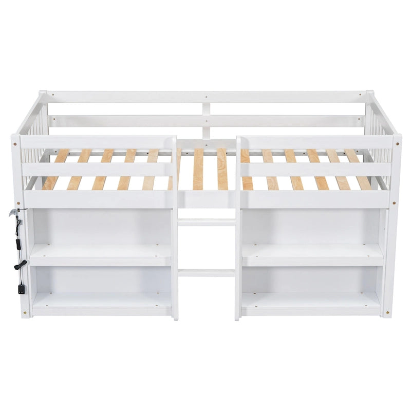 Cama baja doble de madera con estantes y luz LED
