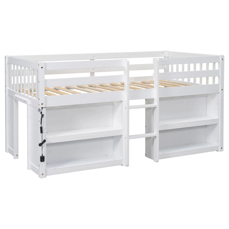 Cama baja doble de madera con estantes y luz LED