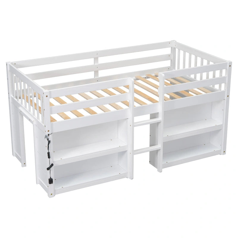 Cama baja doble de madera con estantes y luz LED