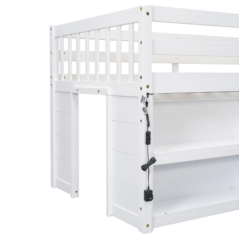 Cama baja doble de madera con estantes y luz LED