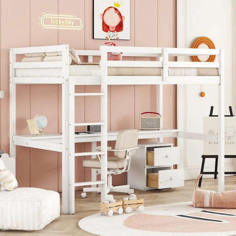 Cama alta doble de madera blanca con escritorio, almacenamiento y barandales