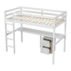 Cama alta doble de madera blanca con escritorio, almacenamiento y barandales