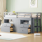 Cama alta de madera maciza tamaño individual con cajones y gabinetes