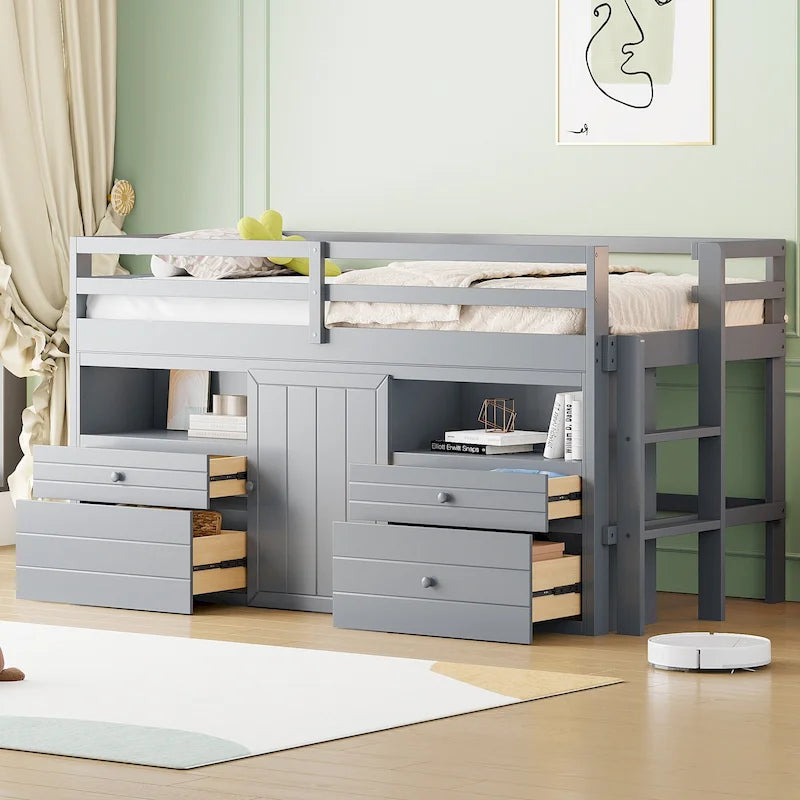 Cama alta de madera maciza tamaño individual con cajones y gabinetes