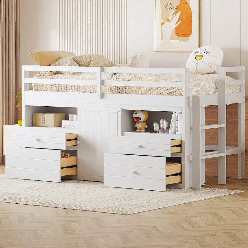Cama alta de madera maciza tamaño individual con cajones y gabinetes
