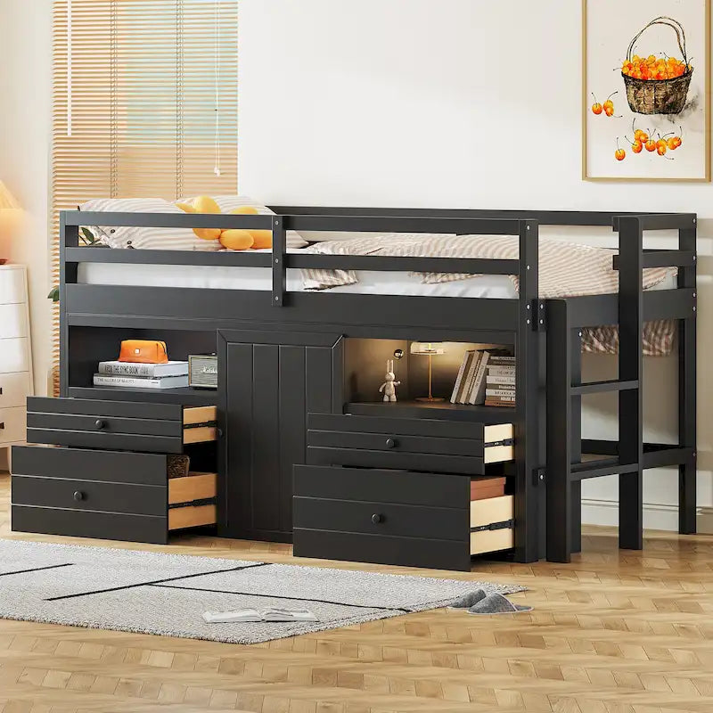 Cama alta de madera maciza tamaño individual con cajones y gabinetes