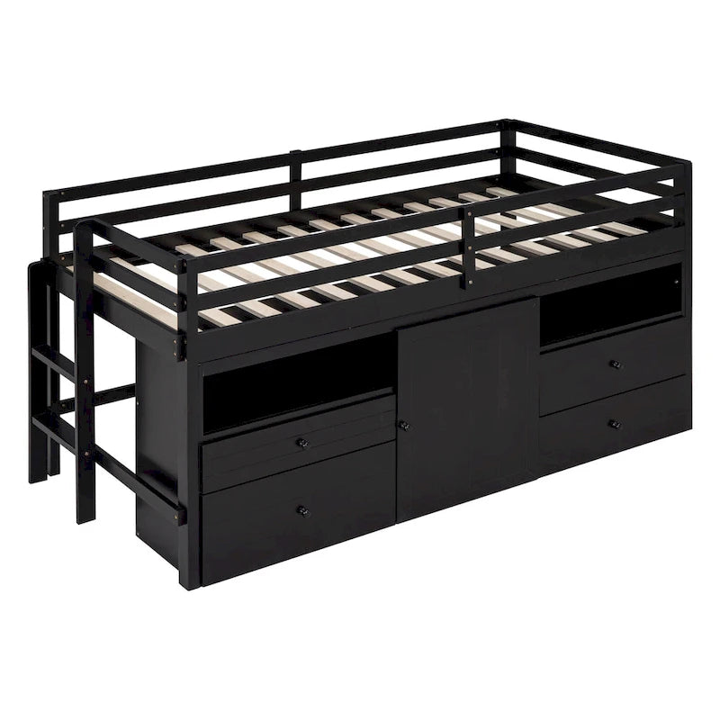 Cama alta de madera maciza tamaño individual con cajones y gabinetes