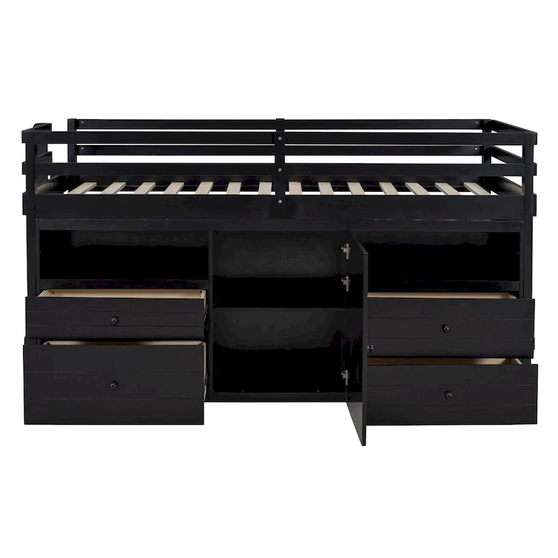 Cama alta de madera maciza tamaño individual con cajones y gabinetes
