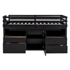 Cama alta de madera maciza tamaño individual con cajones y gabinetes