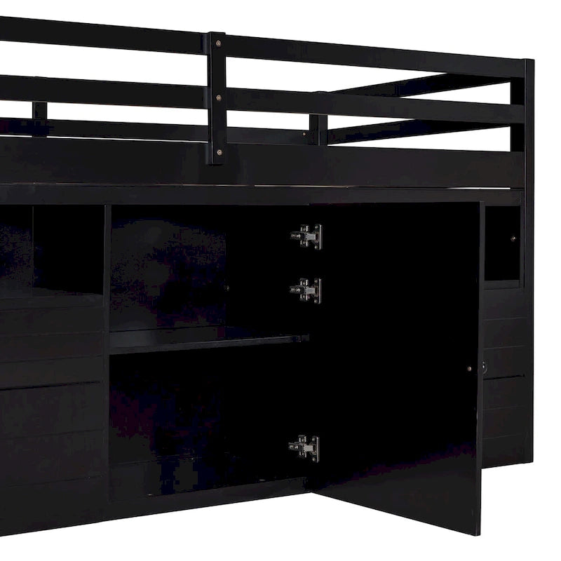 Cama alta de madera maciza tamaño individual con cajones y gabinetes