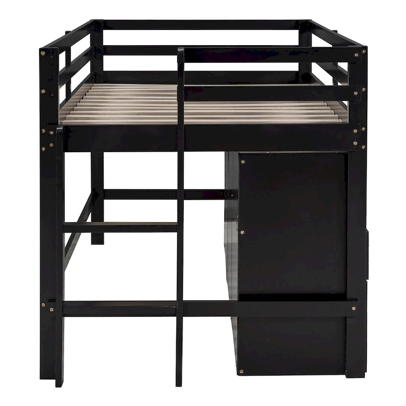 Cama alta de madera maciza tamaño individual con cajones y gabinetes