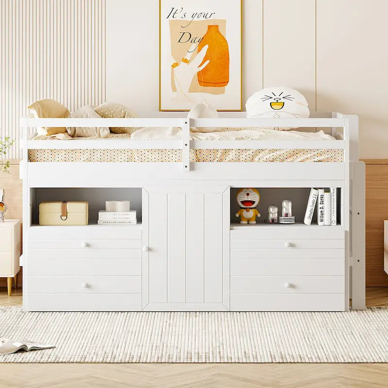 Cama alta de madera maciza tamaño individual con cajones y gabinetes