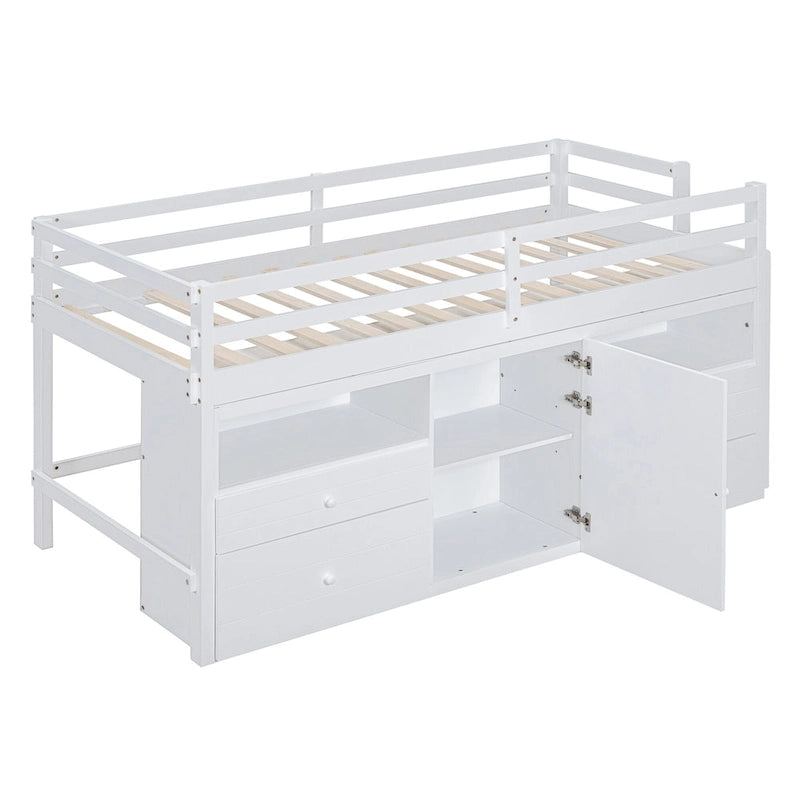 Cama alta de madera maciza tamaño individual con cajones y gabinetes
