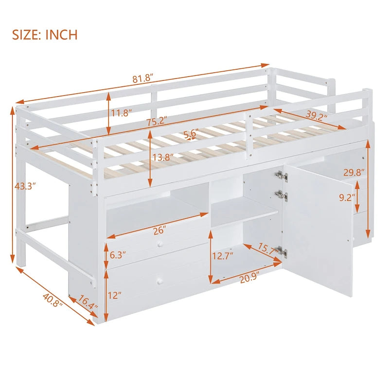 Cama alta de madera maciza tamaño individual con cajones y gabinetes