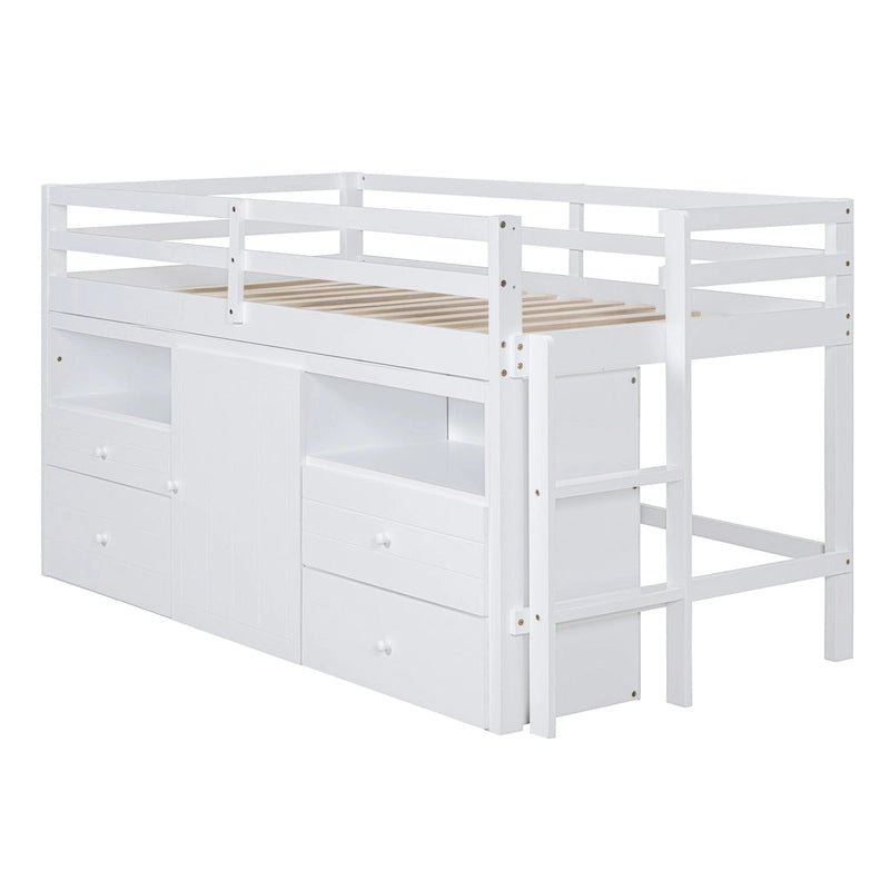 Cama alta de madera maciza tamaño individual con cajones y gabinetes
