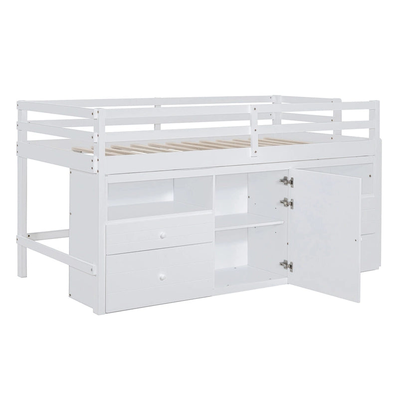 Cama alta de madera maciza tamaño individual con cajones y gabinetes