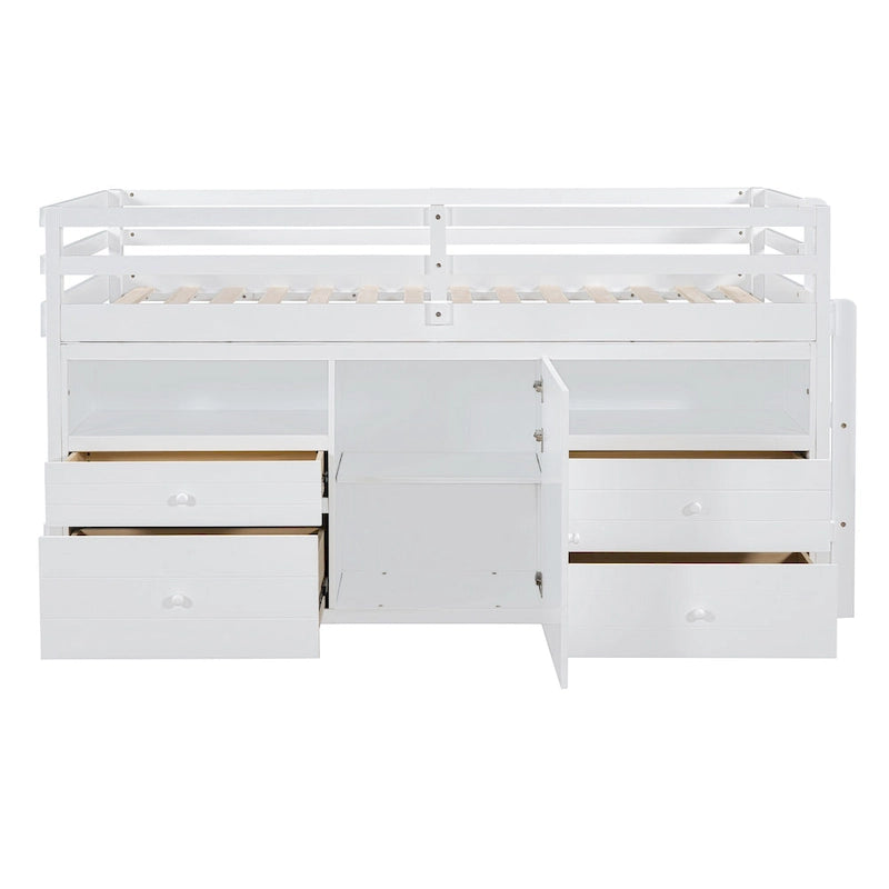 Cama alta de madera maciza tamaño individual con cajones y gabinetes